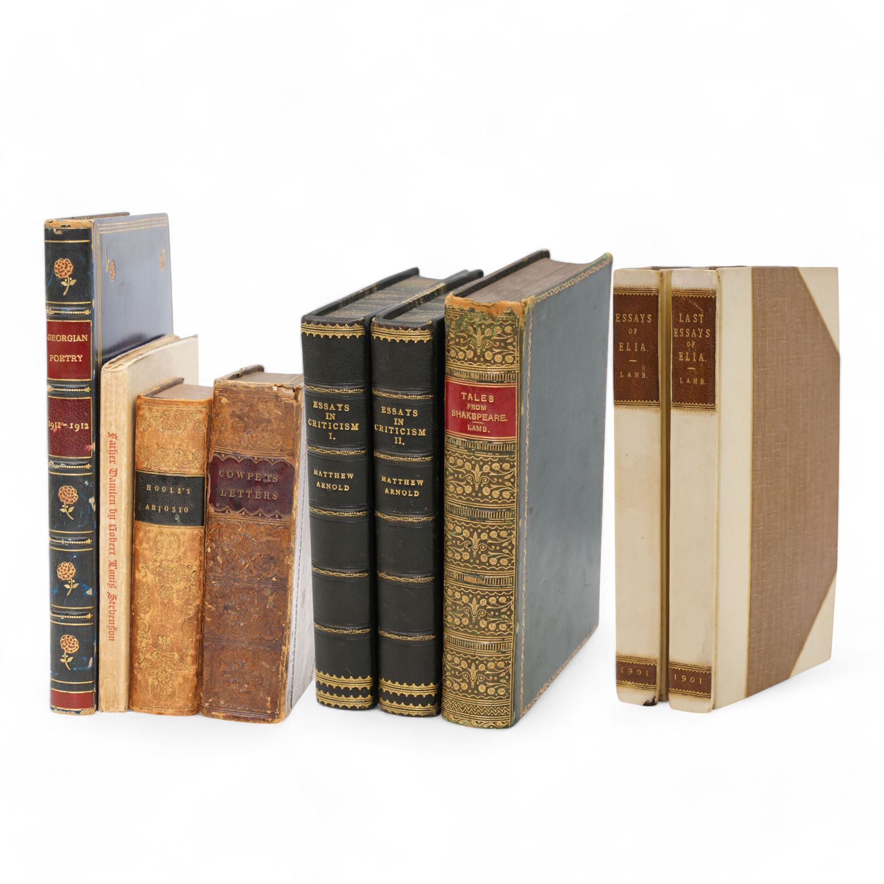 Lamb, Charles - 'The Last Essays of Elia' introduction by Augustine Birrell, illustrated by Charles Brock, third edition published by Dent 1901 in two volumes, half cream leather and brown boards, top edge gilt,  bookplate of H A Ashworth, Arnold, Matthew - 'Essays in Criticism' published Macmillan 1915-16 in two volumes, half leather and marbled boards and Lamb, Charles and Mary - 'Tales from Shakespeare' full calf and gilt spine (3), 'Georgian Poetry' third edition 1913, full leather and gilt, 'Letters of the late William Cowper1820, Stevenson R L - 'Father Damien limited 2nd edition of 1000, published 1901, soft cover and Hoole, J - 'The Orlando of Ariosta' 1819 