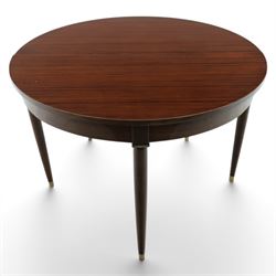Regency design mahogany demi-lune console dining table, fold-over top extending to circular table, raised on round tapering legs