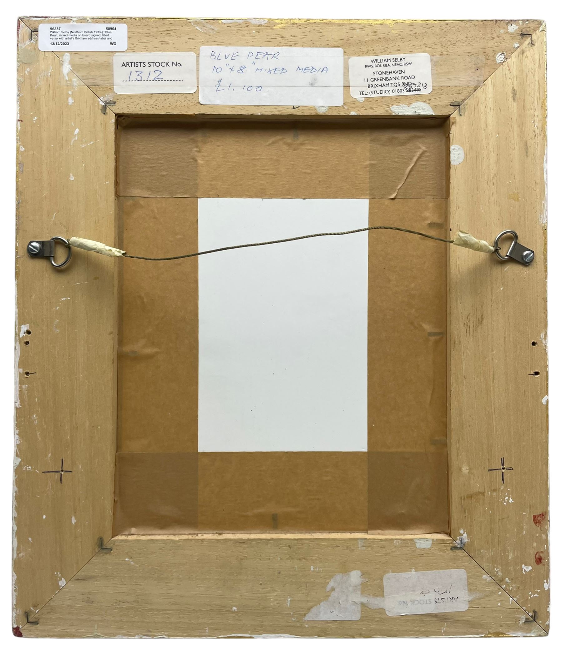 William Selby (Northern British 1933-): 'Blue Pear', mixed media on board signed, titled verso with artist's Brixham address label and Artist's Stock No.1312, 23cm x 18cm