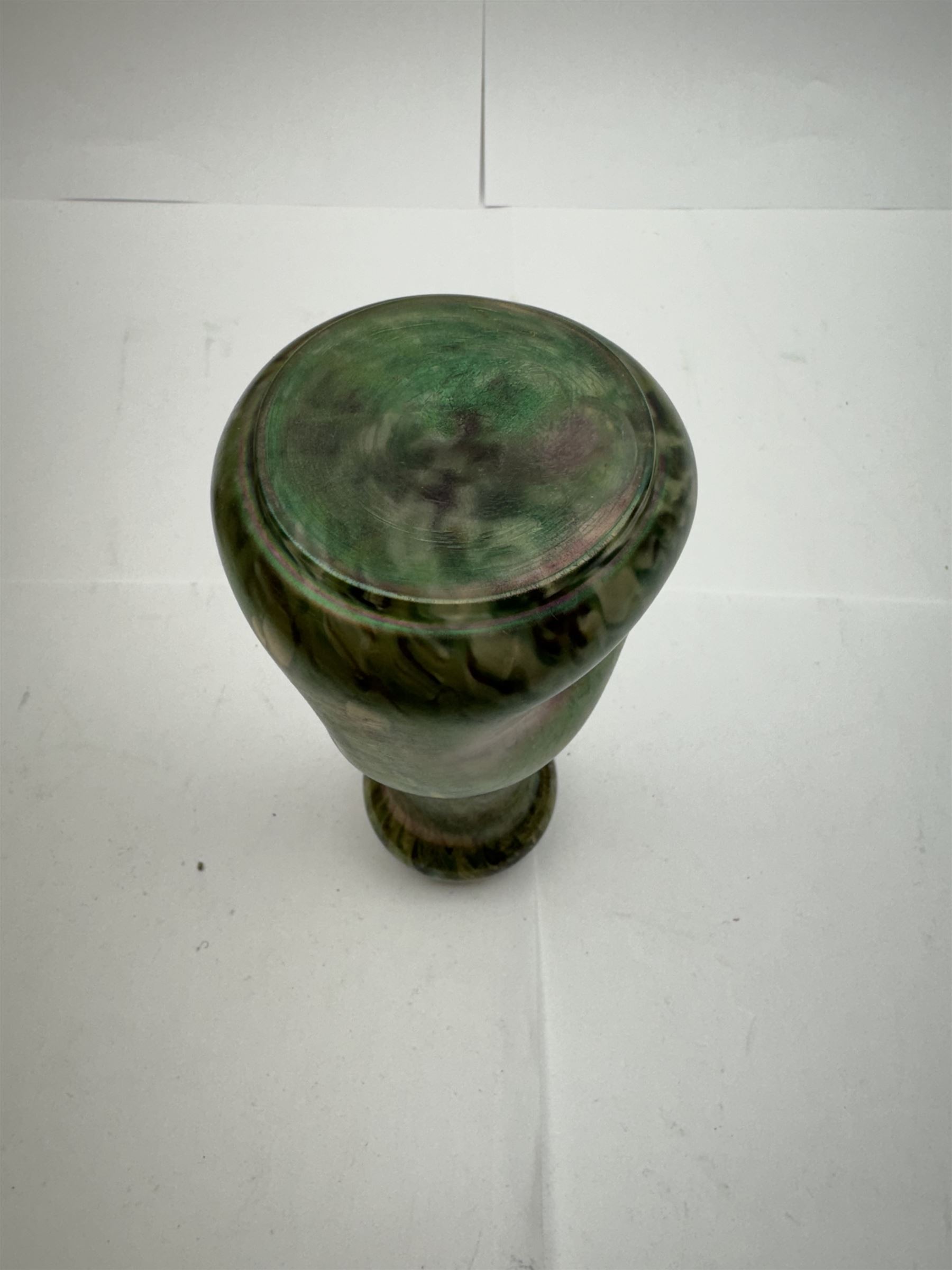 Three Austrian Art Nouveau green iridescent glass bottleneck vases, probably Rindskopf, to include one example with hallmarked silver collar, tallest H18cm (3)