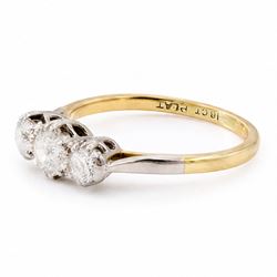 Gold three stone diamond ring, each multi claw set with an old cut diamond, stamped 18ct Plat, total diamond weight approx 0.65 carat