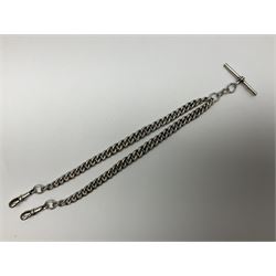 Early 20th century silver tapering Albert chain, hallmarked to T bar and clips, with lion passant stamped on each link