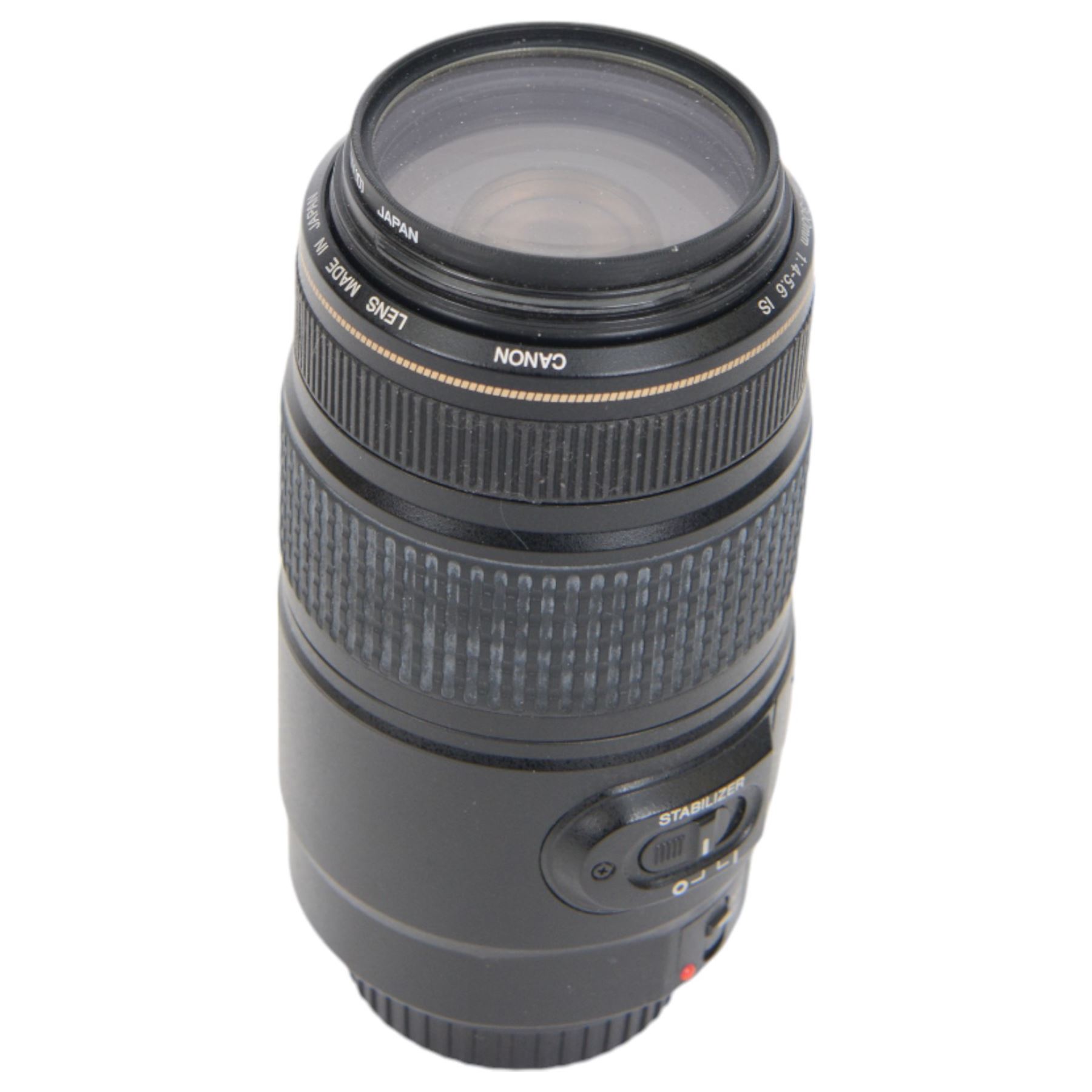 Two Canon Ultrasonic lenses, comprising EF 75-300mm 1:4-5.6 IS zoom lens serial no. 03201196 and EF 20mm 1:2.8 lens serial no. 5100131C, with a Canon EW-75II lens hood