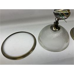 Pair of modern brushed metal dome light fittings, the glass shades with ribbed effect design, approx L30cm