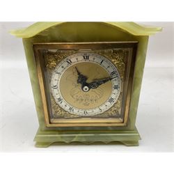 Mid 20th Century Elliott green onyx mantel clock, with engraved square brass dial with cherub spandrels and brass Roman numeric dial, H16cm, together with pink art glass bowl, possibly Josef Hospodka