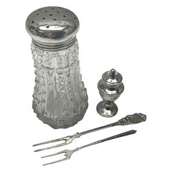 Early 20th century cut glass silver sugar caster, hallmarked C B Thomas & Co, Birmingham 1910, together with silver pepper, hallmarked, a continental silver pickle fork, stamped 800 and a plated cake fork