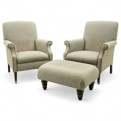 Pair of club-style armchairs, upholstered in Harris Tweed with leather piping on square ta...
