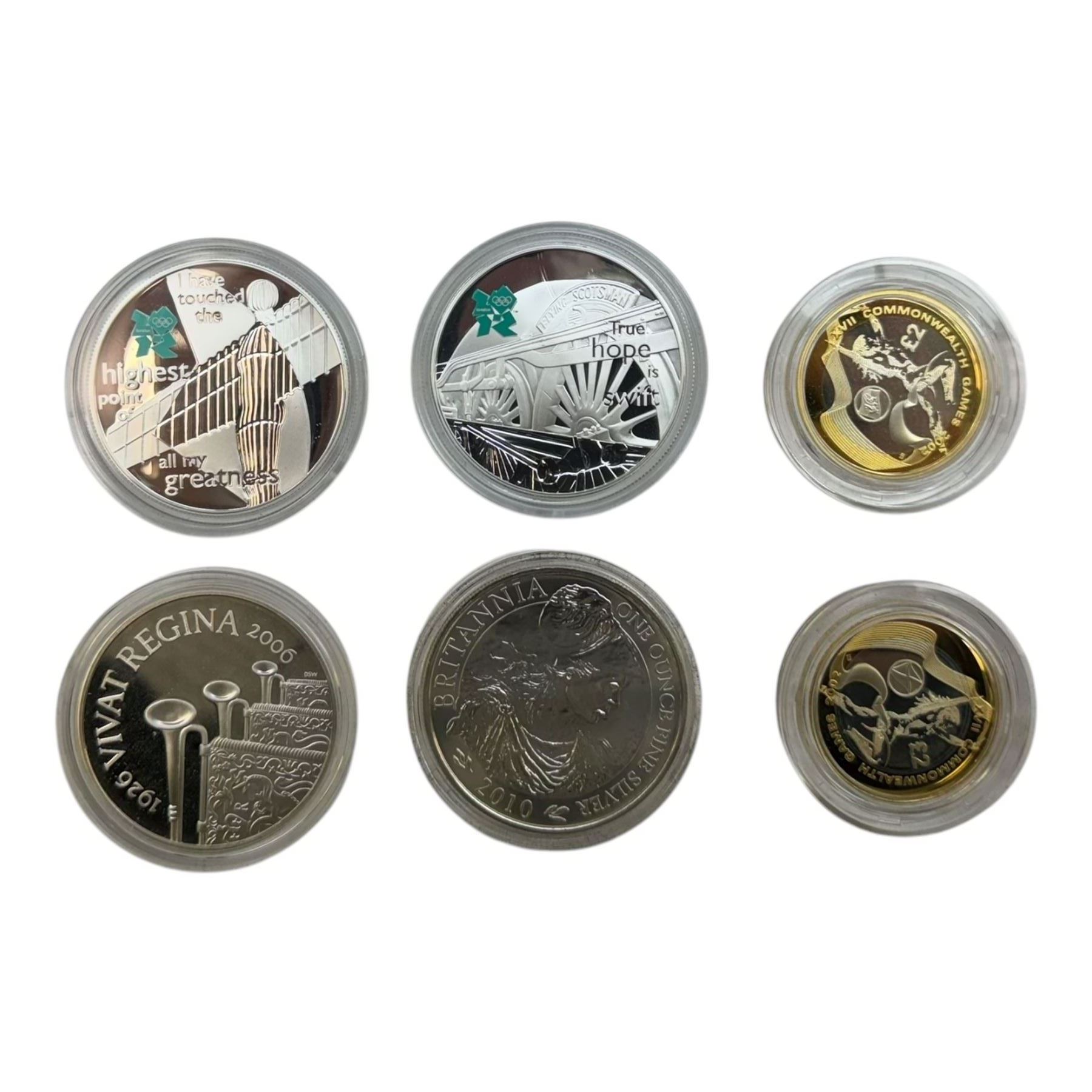 Commemorative coinage with silver proof examples, including 1998 silver proof piedfort one pound, 2006 '80th Birthday of Queen Elizabeth II' silver five pounds, 2010 'Britannia' one ounce fine silver coin, 2002 'Scottish' 'Welsh' and 'English' silver proof two pound coins, 2009 'Angel of the North' and 'Flying Scotsman' silver proof five pound coins etc, housed in capsules in two card boxes 