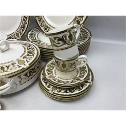 Royal Worcester Windsor pattern part tea and dinner service, comprising nine dinner plates, nine side plates, nine dessert plates, six coffee cans and saucers, sauce boat and plate, two covered tureens, oval dish and serving platter (35)