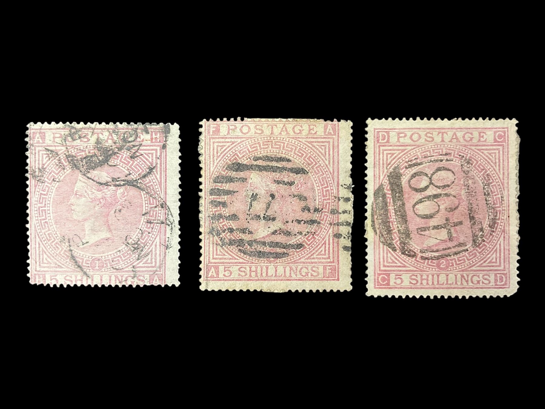 Three Great Britain Queen Victoria 1867-83 five shillings stamps, all used, all previously mounted