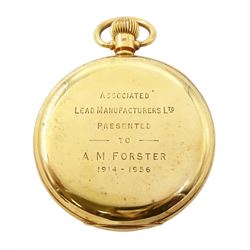 9ct gold open face keyless lever presentation pocket watch by J W Benson, London, white enamel dial with Roman numeral hour markers and subsidiary seconds dial, case by Dennison, Birmingham 1956, in early 20th century silver mounted tooled leather case by S Blanckensee & Son Ltd, Birmingham 1907