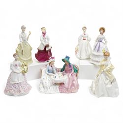 Six Royal Worcester figures comprising 'Crinoline', 'First Dance', Spring Fair', 'Morning ...