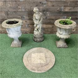 Cast stone female figure, NESW Compass stone plaque, and pair of small cast stone urns - THIS LOT IS TO BE COLLECTED BY APPOINTMENT FROM DUGGLEBY STORAGE, GREAT HILL, EASTFIELD, SCARBOROUGH, YO11 3TX