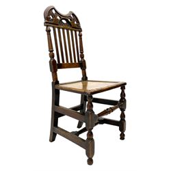 19th century walnut chair, the shaped and pierced cresting rail carved with leafage supported by plain vertical and turned uprights, the panel seat in moulded frame with turned supports and stretcher rails
