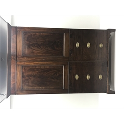 George III figured mahogany press cupboard, projecting cornice over two panelled doors with faux drawers, on bracket feet, H210cm, D69cm, W140cm (fully flat packed)