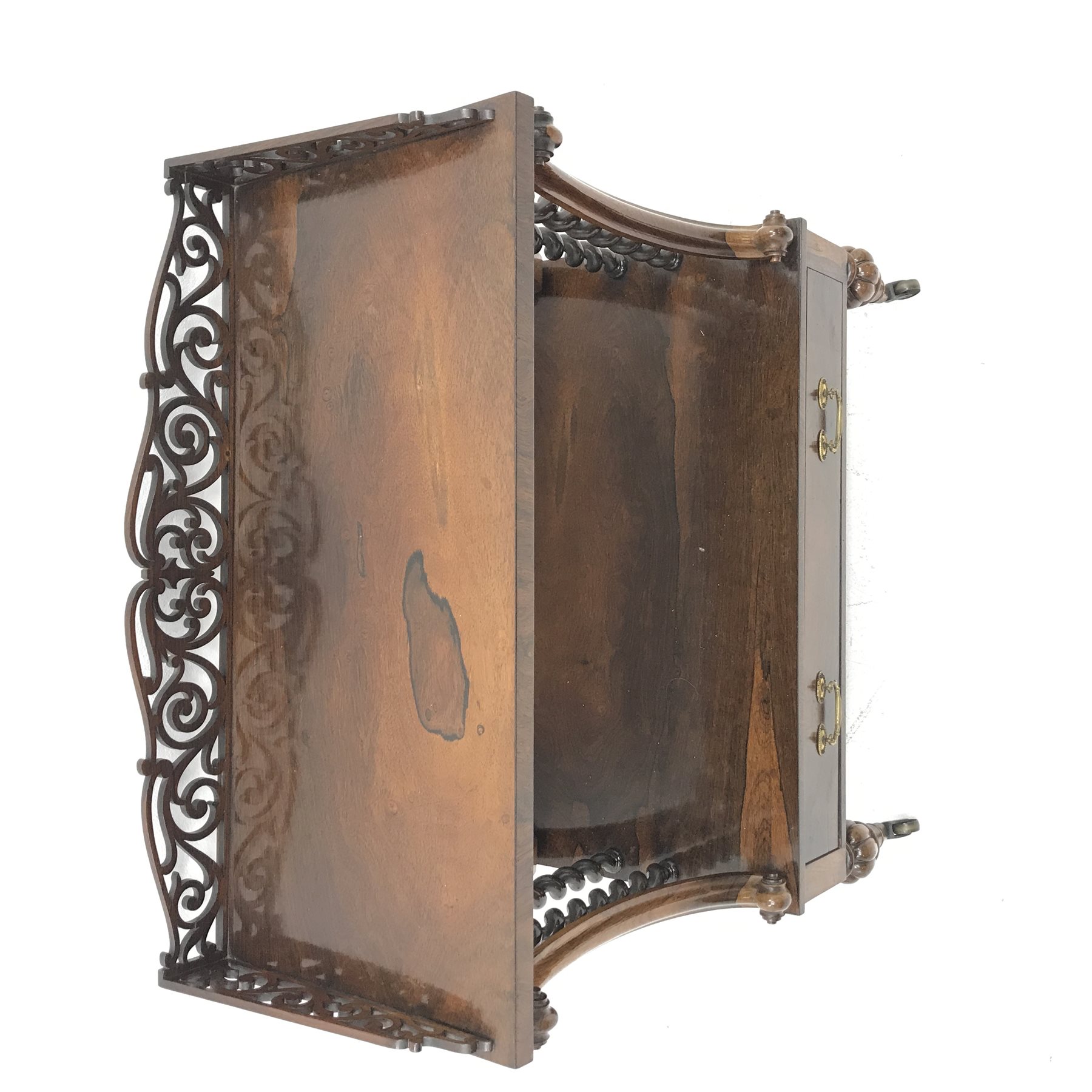 Victorian rosewood two tier etagere, scroll fretwork gallery back, carved elongated c scroll supports with scrolled terminals and barley twist supports, single drawer to base, turned and lobe carved feet with brass cups and castors, W77cm, H94cm, D36cm