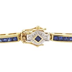 9ct gold sapphire and diamond bracelet, nine square cut sapphire and diamond chip clusters, each spaced by six channel set sapphire links, hallmarked