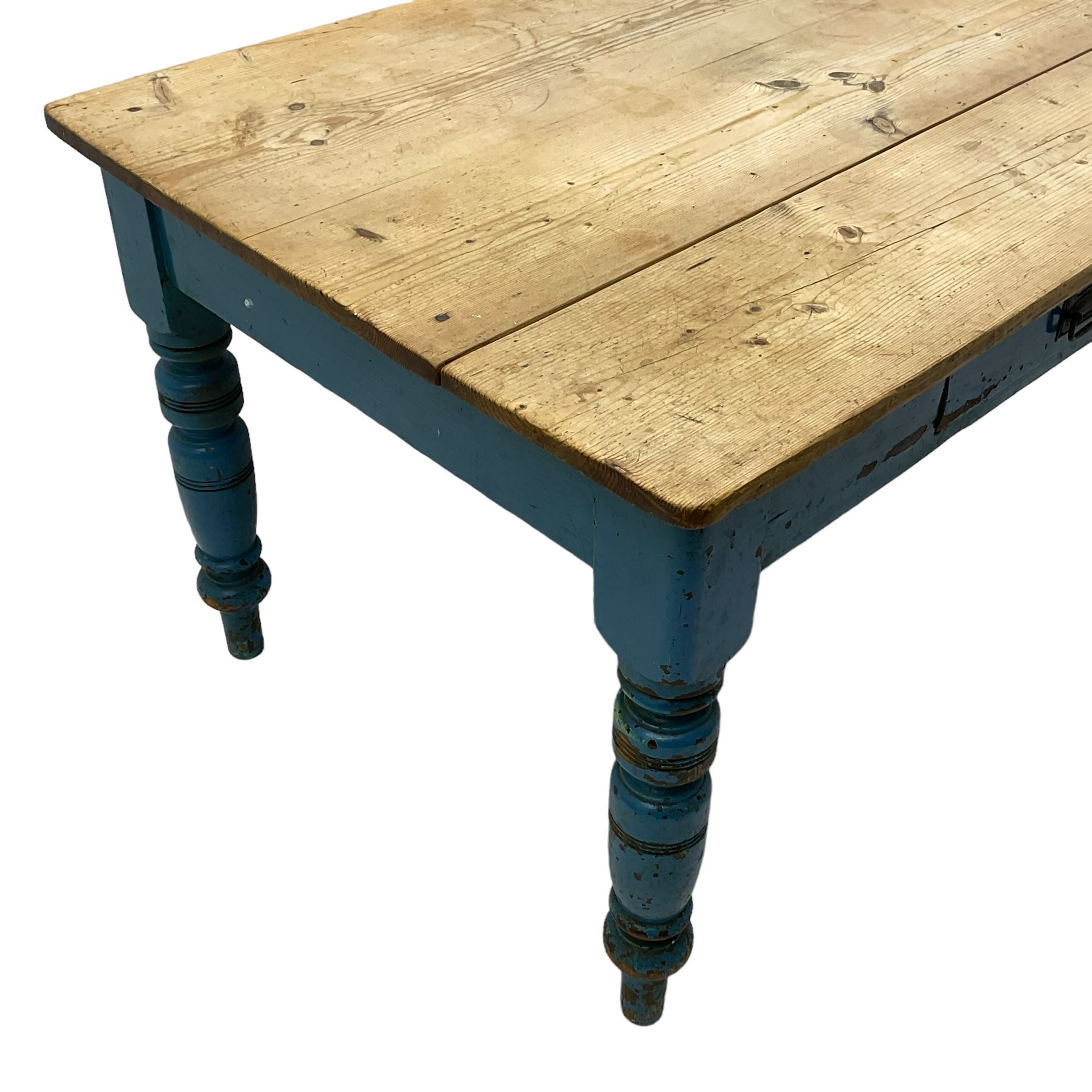 Victorian rustic painted pine kitchen table,  rectangular stripped top, the blue painted base fitted with single drawer, on ring turned supports