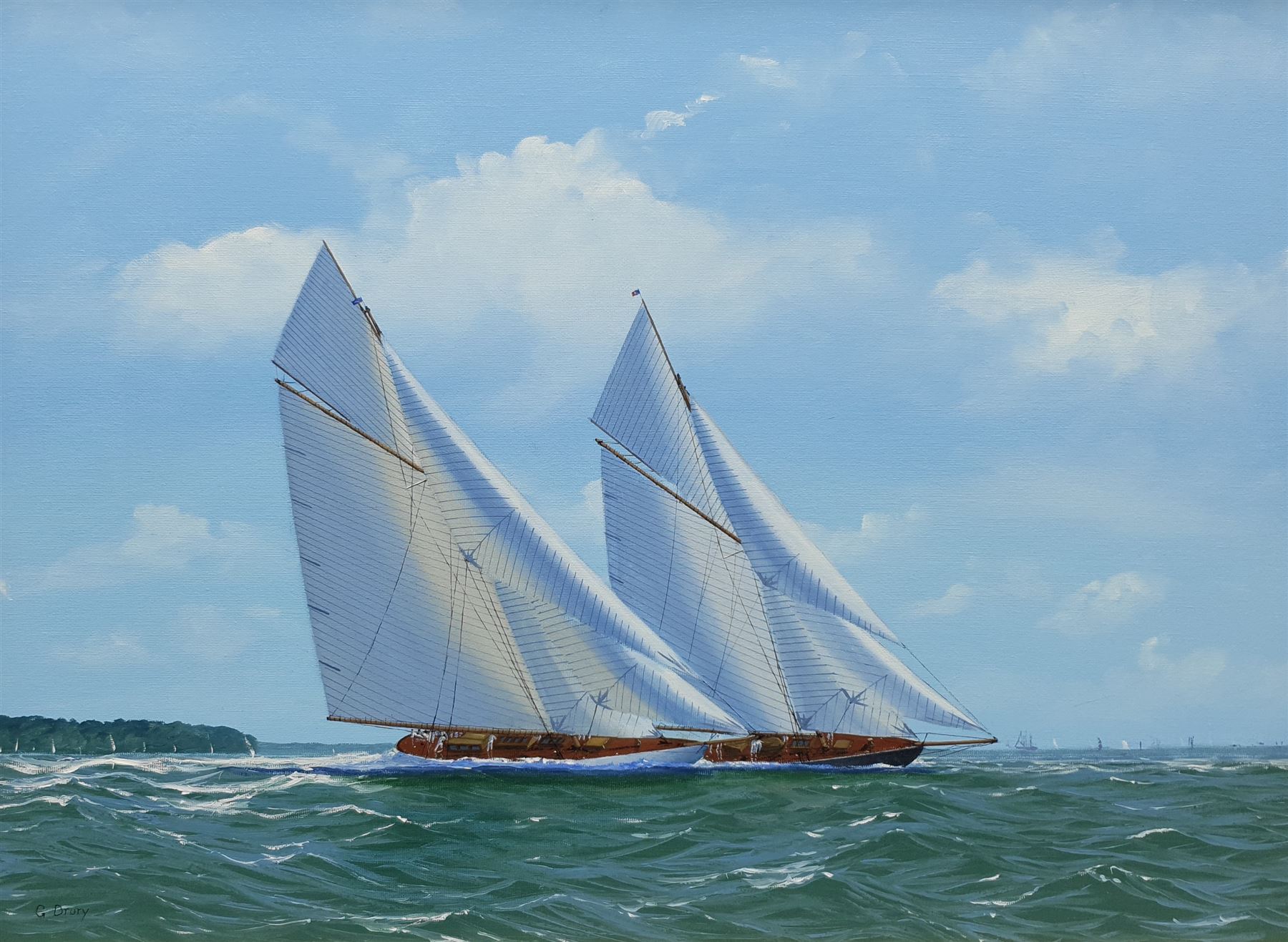 George Drury (British 1950-): J Class Yachts 'Britannia' and 'Valkyrie III' 1895, oil on canvas board signed, titled verso 42cm x 57cm
