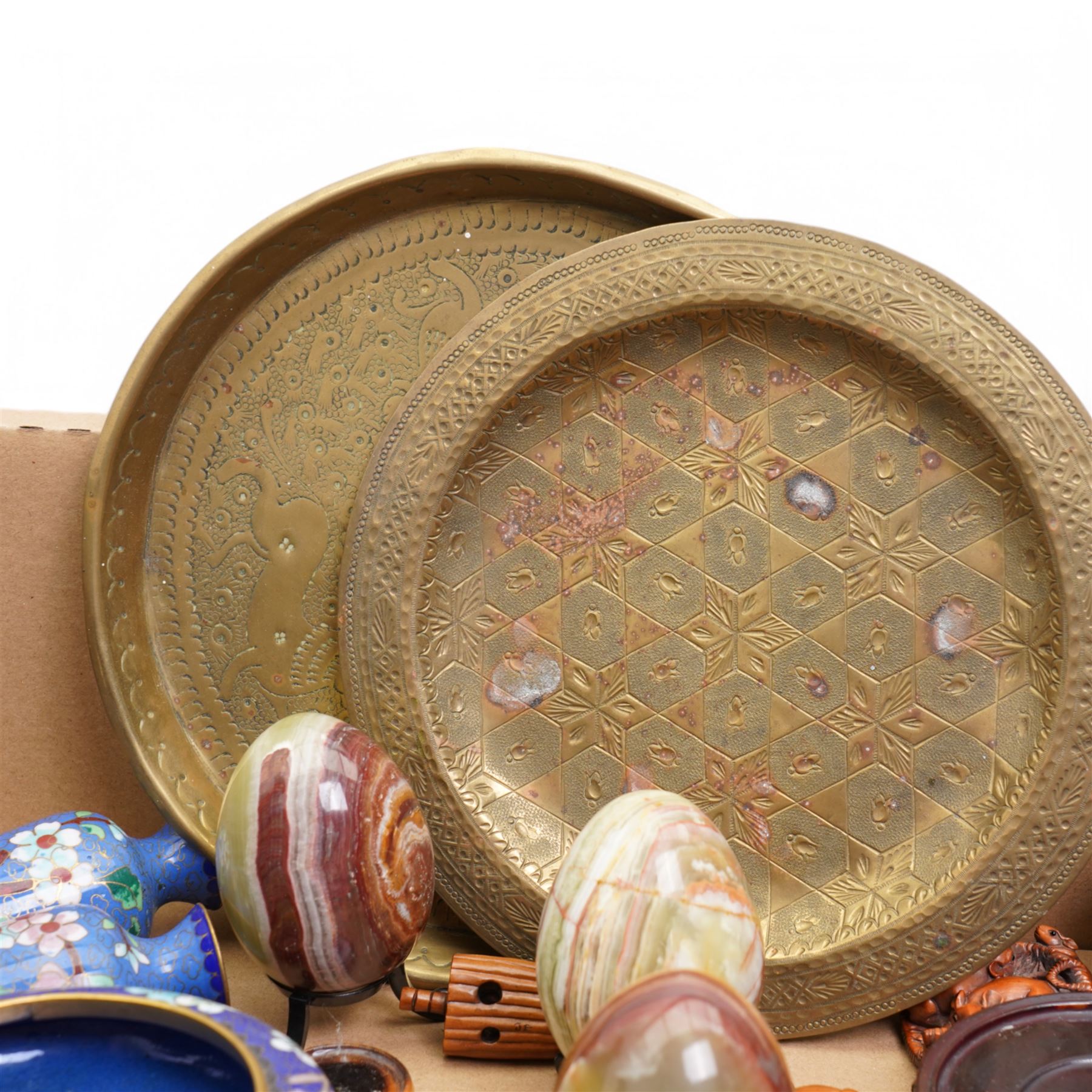 Pair of Chinese cloisonne vases with a paper label inscribed Middle Kingdom, other cloisonne items, hardstone eggs, three netsukes etc