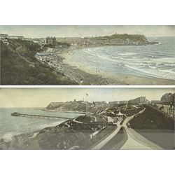 Scarborough North and South Bays, pair Edwardian chromolithographs, depicting a view of the North Bay Pier, 14cm x 40cm 
Notes: the Pier was a short lived feature in Scarborough's history; it first opened to the public on 1st May 1869 but was almost totally wrecked in the gales of January 1905.