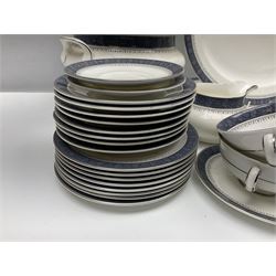 Royal Doulton Sherbrooke pattern part dinner and tea service, to include teapot, ten twin handled soup bowls and saucers, two serving platters, three twin handled covered dishes etc (63)  