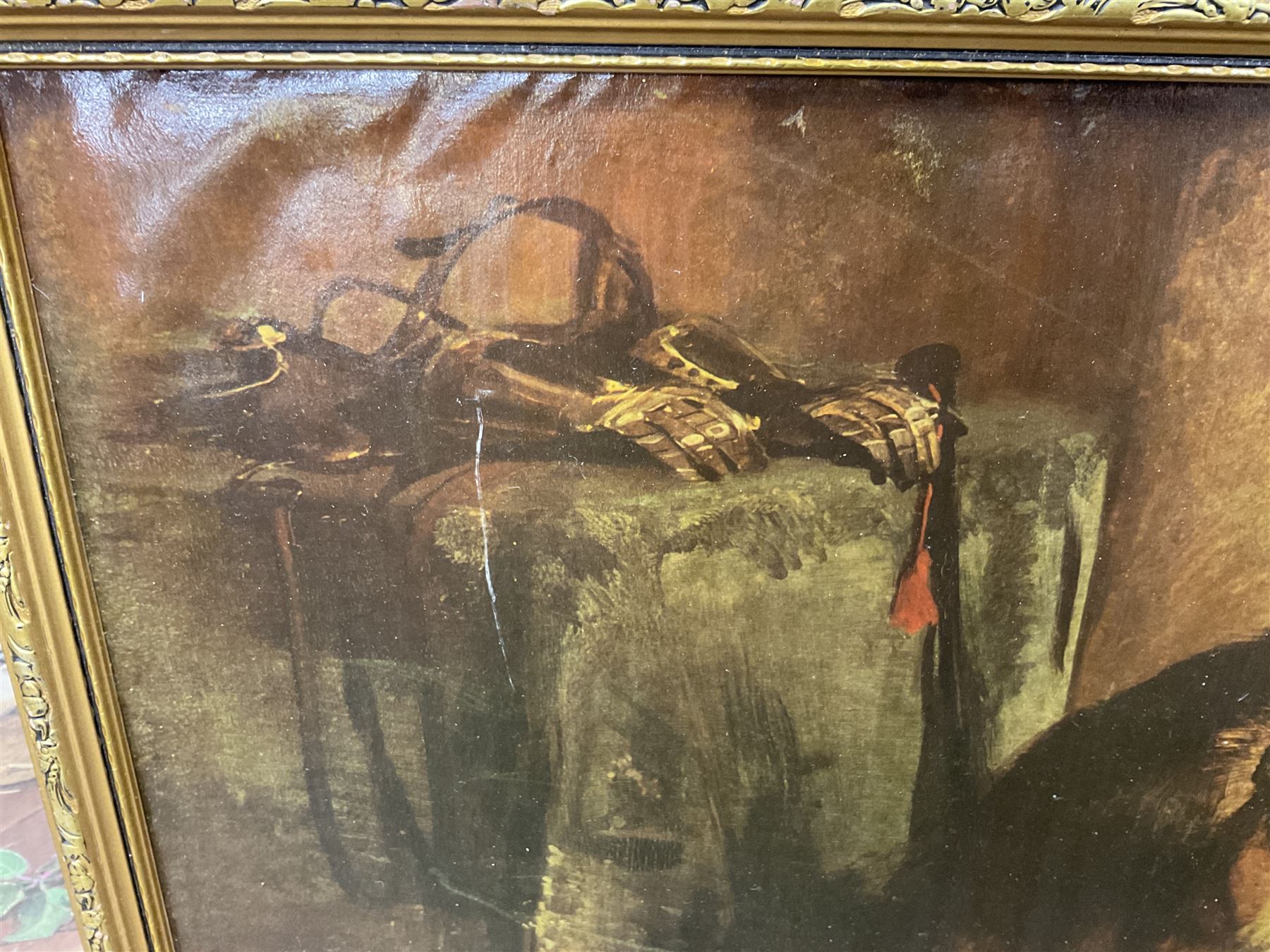 After P E Marshal (British 20th century), Car Outside Inn, water colour signed and dated; after Richard Britton (British) 'Mischief Makers' (golden labradors), colour print, together with three colour prints of dogs and embossed decorative bear scene (6) 