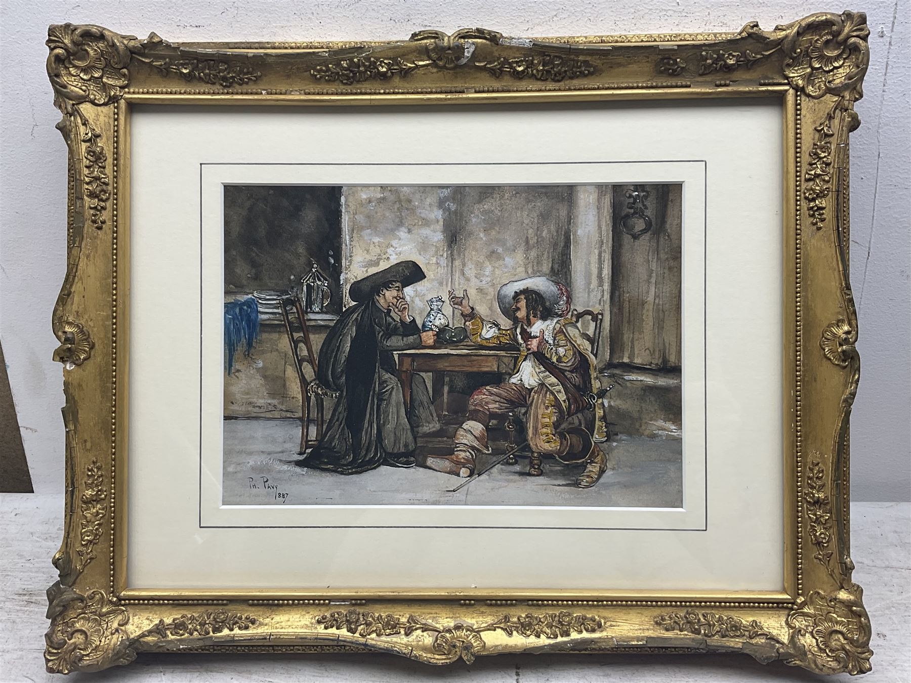 Philippe Pavy (French 1860-c1920): Two Gentlemen in Conversation, watercolour heightened with white signed and dated 1887, 17cm x 24cm
