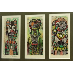  Femi J Johnson (Nigerian Contemporary): 'From the Market' and two others, set of three oil pastels, signed titled and numbered on the mount each 24cm x 10cm (framed as one)  DDS - Artist's resale rights may apply to this lot   