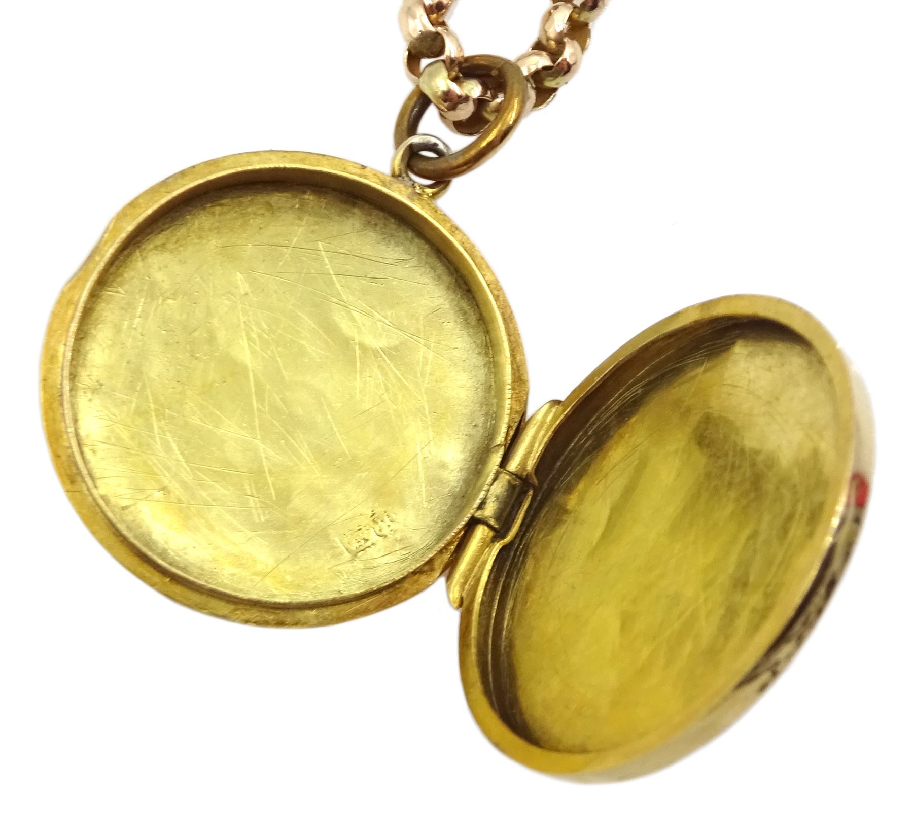 Early 20th century 9ct gold locket pendant with engraved decoration by Henry Matthews, on gold belcher link necklace, stamped 9c