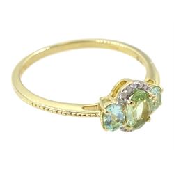 9ct gold green garnet, beryl and diamond cluster ring, hallmarked