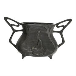 Twin handled Art Nouveau vase, decorated with a female figure by a river and flowers to the other side, with loop handles, H81cm  