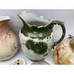 Two Art Deco mottled glass fly catcher ceiling light shades, together with two other 1930s moulded glass ceiling light shades and two Victorian style wash jugs, largest shade D33cm