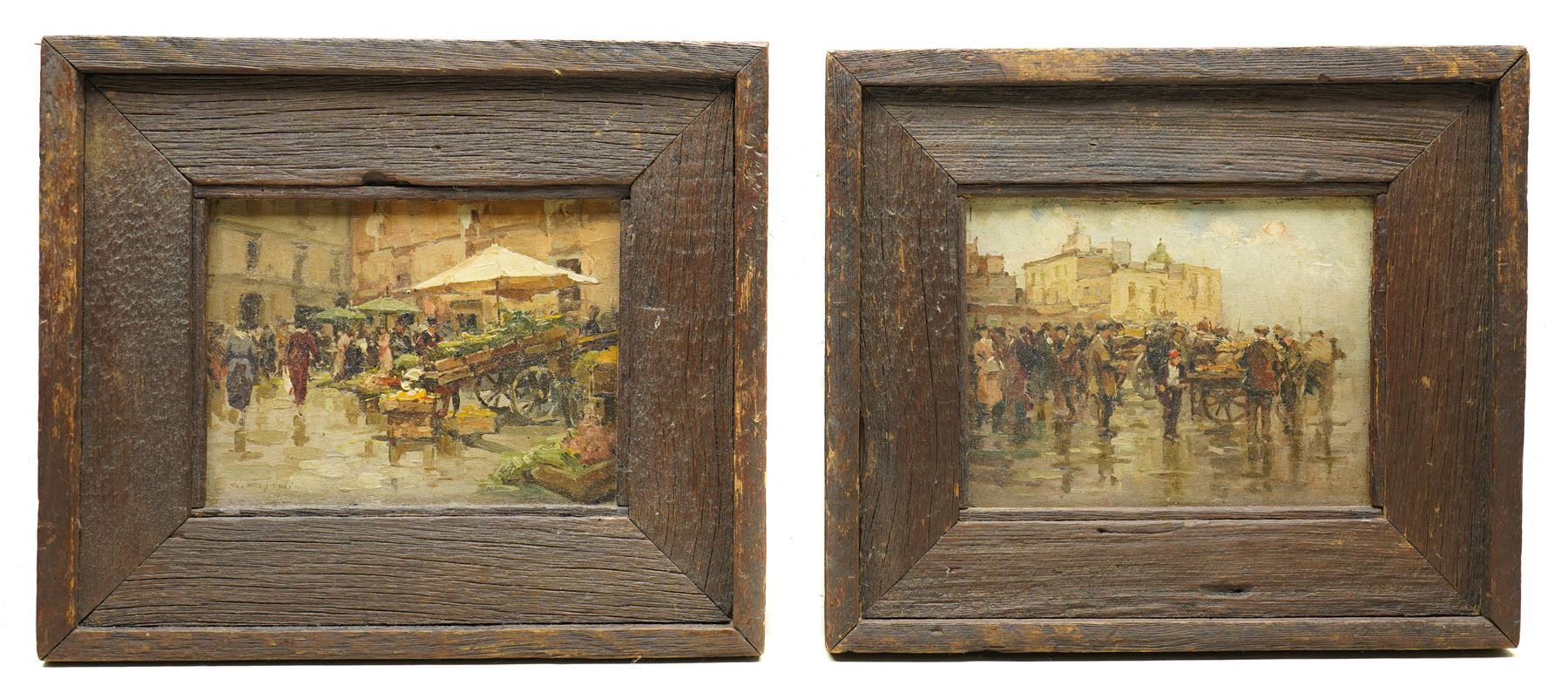 Gustavo Pisani (Italian 1877-1948): Figures and Flower Sellers in Napoli Markets, pair oils on panel signed 18cm x 23cm (2)