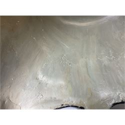 Composite table lamp modelled as a Roman Emperor donning blue robes, upon quatrefoil base modelled with rams heads and winged cherubs, H56cm excl fitting