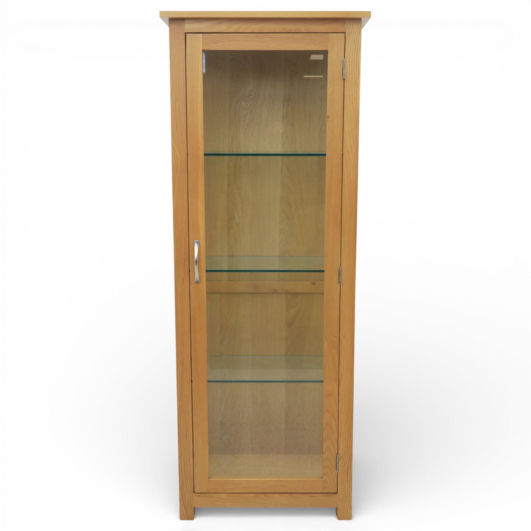 Contemporary light oak display cabinet, fitted with glazed door and glass sides, enclosing three adjustable glass shelves 