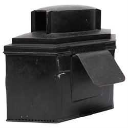 Victorian black toleware triple footboard carriage lamp of hexagonal form, with three circular bevelled lens, mounting clip to rear