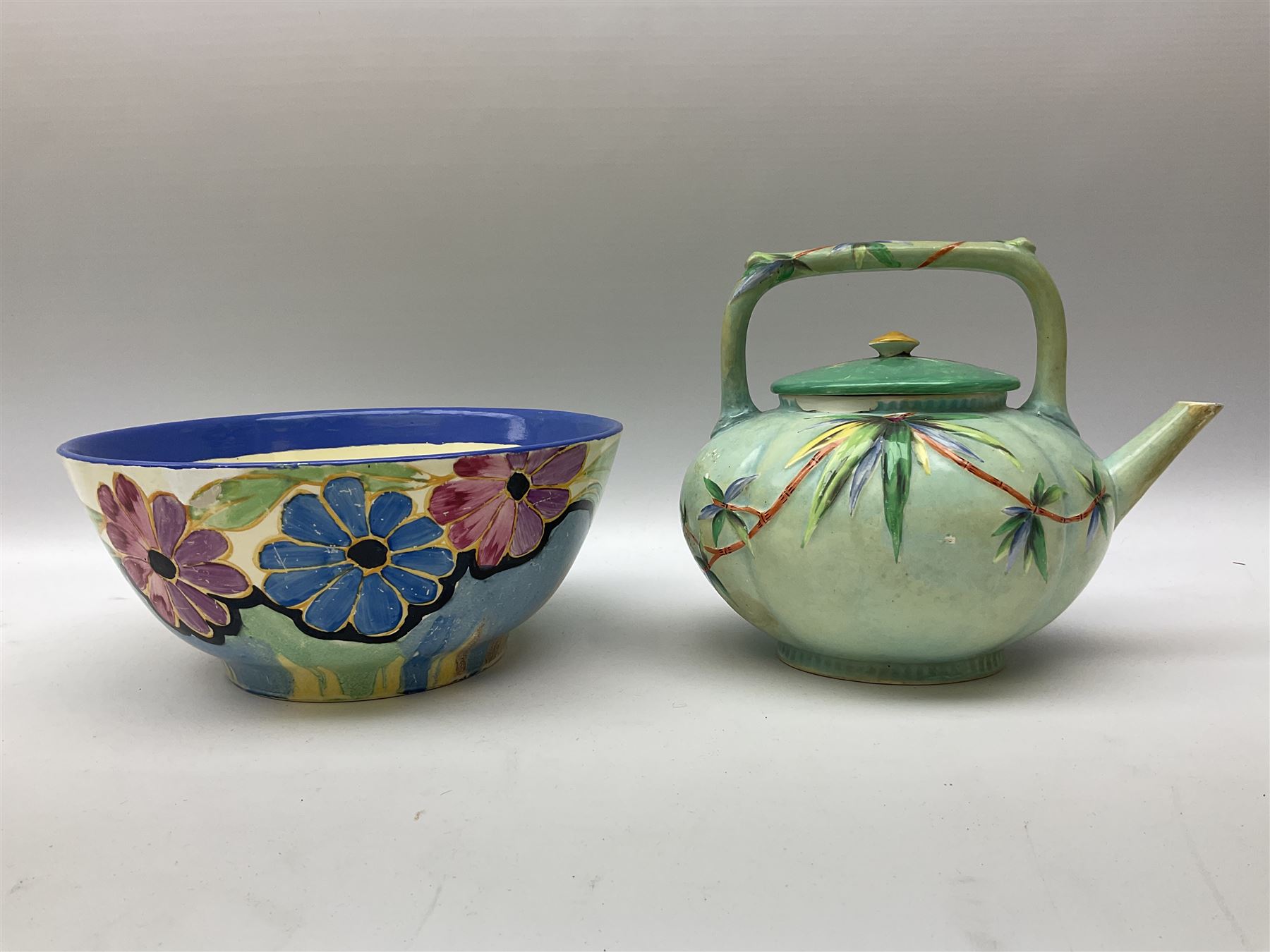 Clarice Cliff for Newport Pottery Delicia pattern bowl, D20cm, Victorian Wedgwood oval tea pot retailed by Goode & Co and in the Bamboo pattern and three other items
