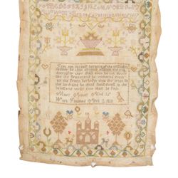Early 19th century sampler worked by Mary Audley aged 15 years dated 1818, depicting alphabet and numbers above a religious passage, bordered by animals, buildings and insects, unframed, H45cm