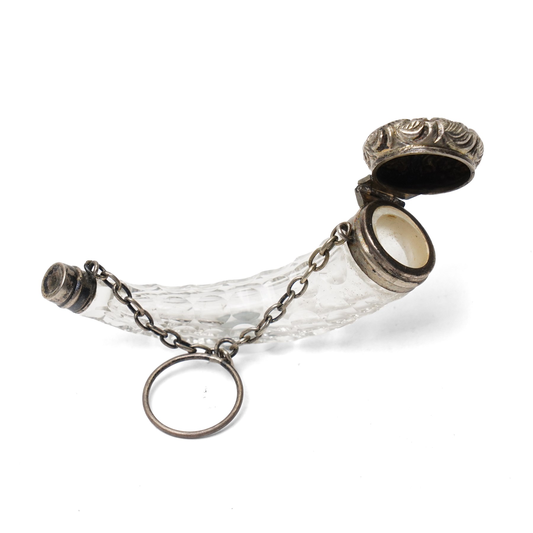 Silver mounted glass cornucopia scent bottle, approx 7cm