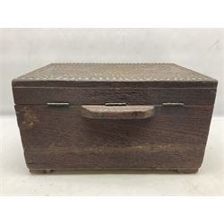Mahogany chest covered with studded metal, the hinged lid opening to reveal part compartmented interior, with twin handles, W50cm D35cm H28cm