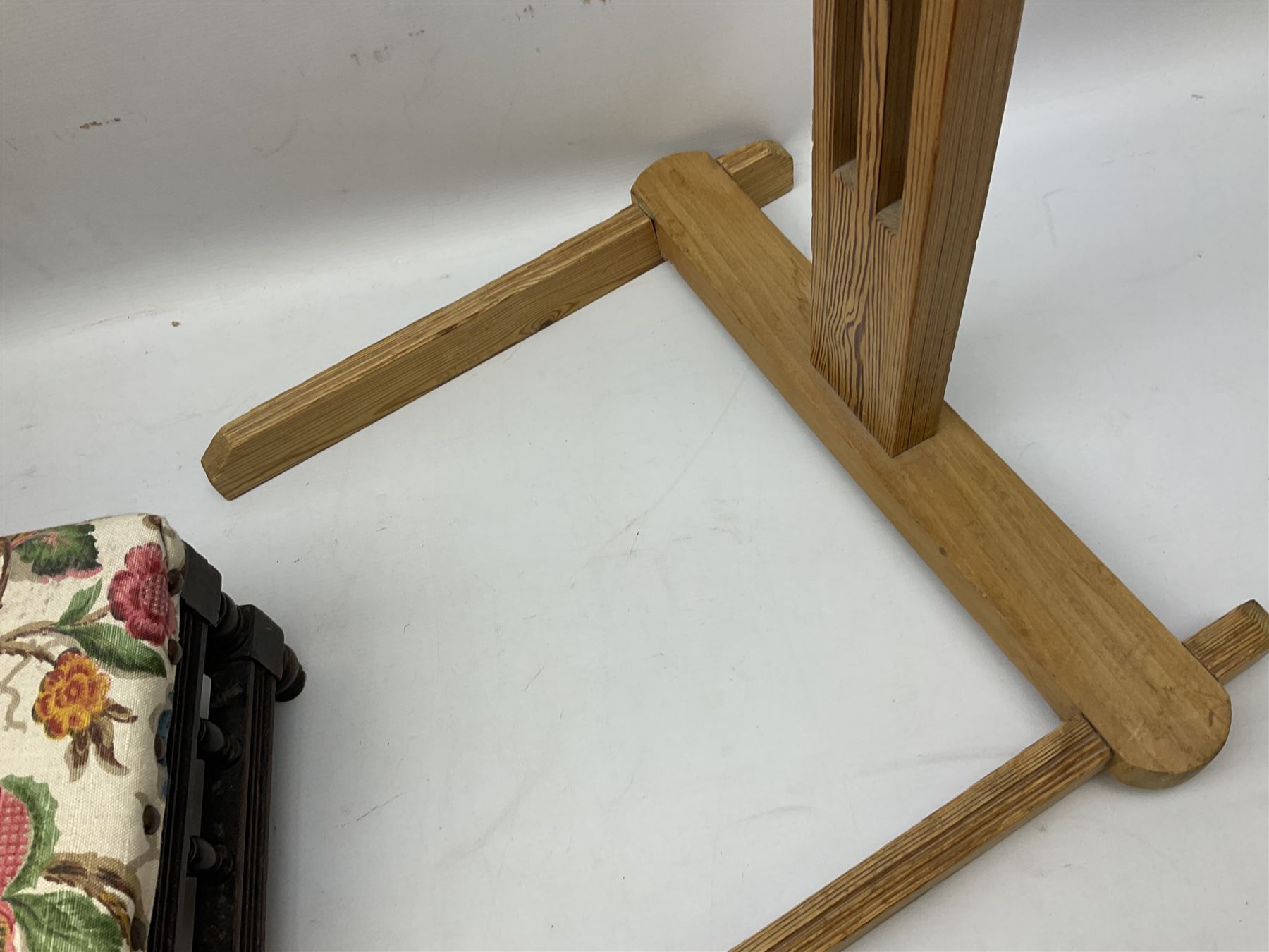 Oak sewing stool on a pedestal base with a hinged lid and compartmented