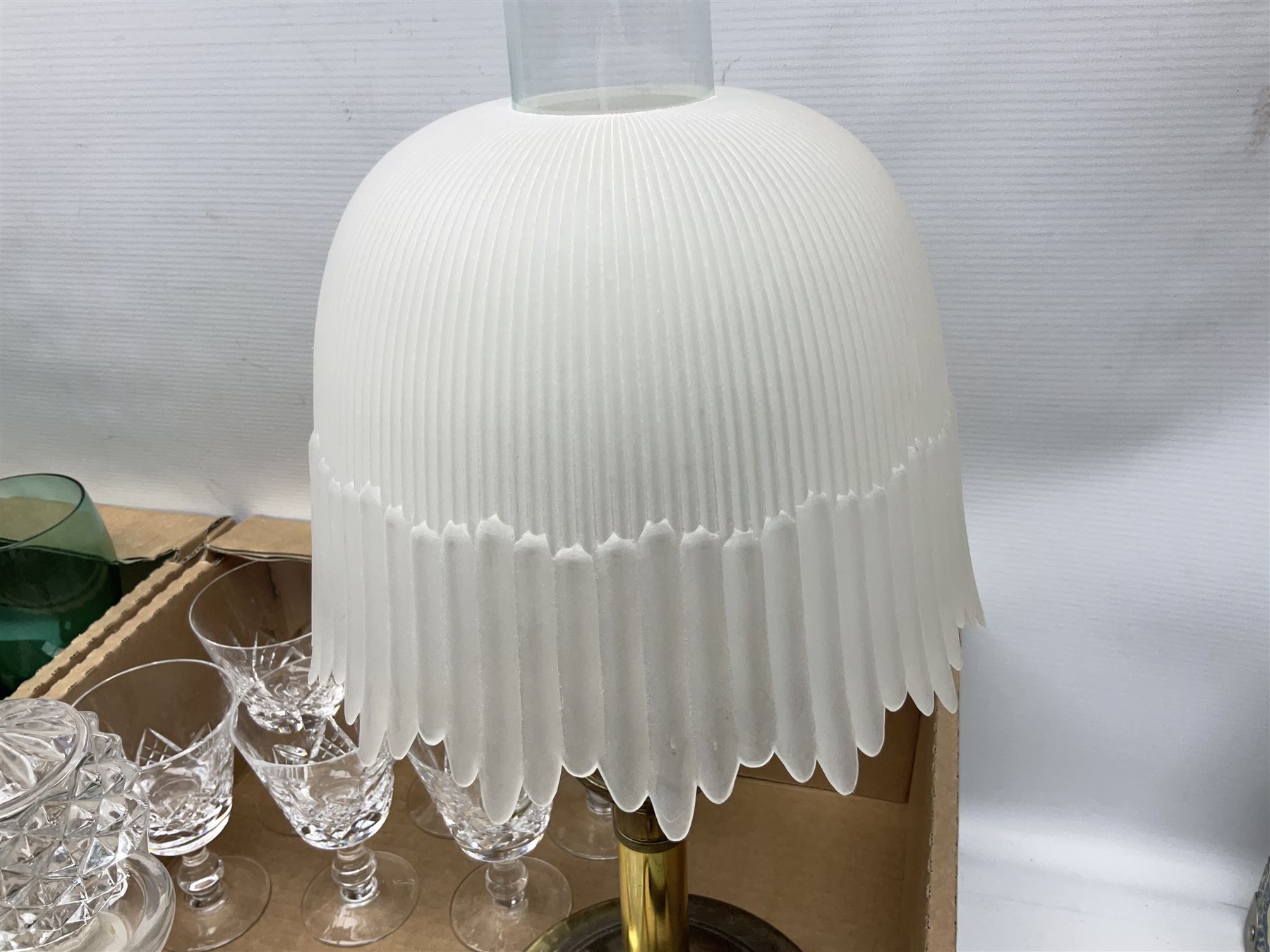 Quantity of glassware to include Mats Jonasson koala paperweight, set of six Stuart drinking glasses, seven green wine glasses with ovoid bowls, decanter, brass lamp etc