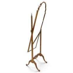 Early 20th century Queen Anne design walnut framed cheval mirror, hinged arched plate over waived stretcher and splayed supports
