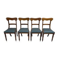 Set four Victorian mahogany dining chairs, shaped cresting rail over centre rail, seat upholstered in blue patterned fabric, raised on turned supports