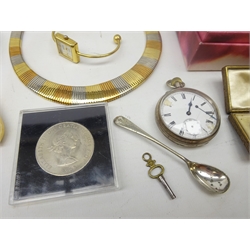  Early 20th century gilt and enamel cufflinks, boxed, coral necklaces, silver and stone set brooch, stamped Stirling, silver Lapis Lazuli ring, stamped 925, silver pocket watch, and other vintage and later costume jewellery and watches  