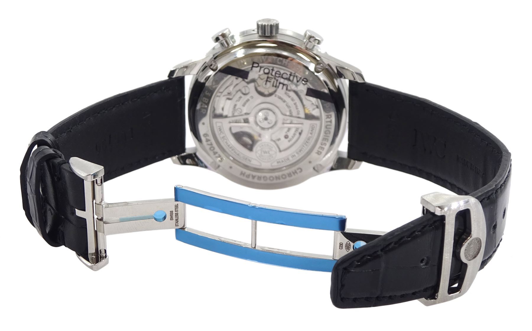 IWC (International Watch Company) Portugieser gentleman's stainless steel automatic chronograph wristwatch, Ref. IW371609, black dial with subsidiary dials at 12 and 6 o'clock for continuous seconds and 30 minute recording, on original black leather strap, boxed with warranty card dated 05.12.2023