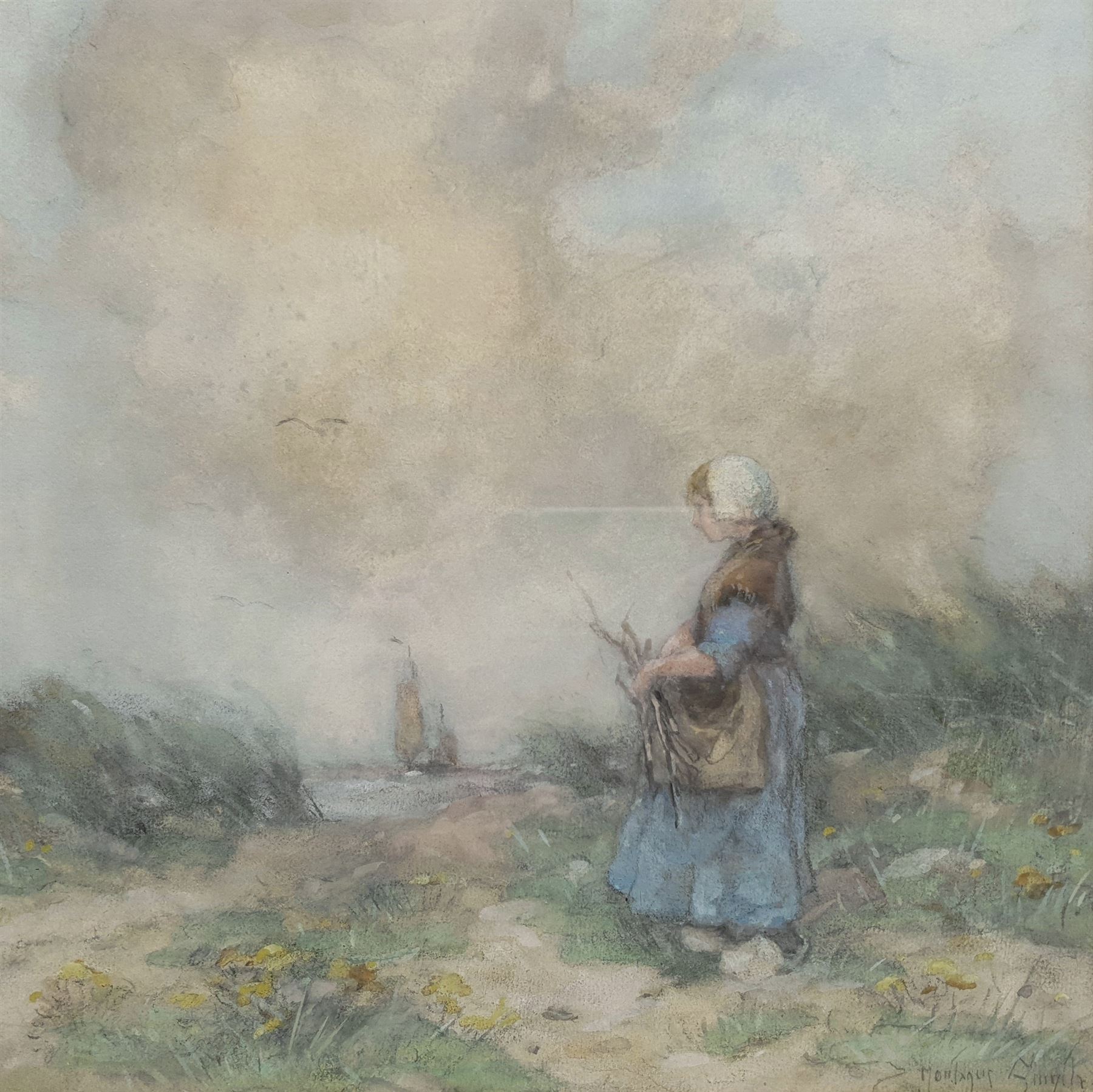 Montague Smyth (British 1863-1965): Gathering Sticks on the Coast, watercolour and pastel signed 32cm x 32cm