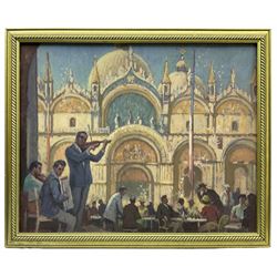 Edward Albert Hickling (British 1913-1998): Musicians Performing before St Mark's Basilica Venice, oil on board signed, inscribed with artist's address verso 45cm x 56cm