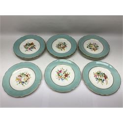 Victorian dessert service, comprising three comports and twelve plates, each decorated with floral sprigs to the centre with a blue and gilt border